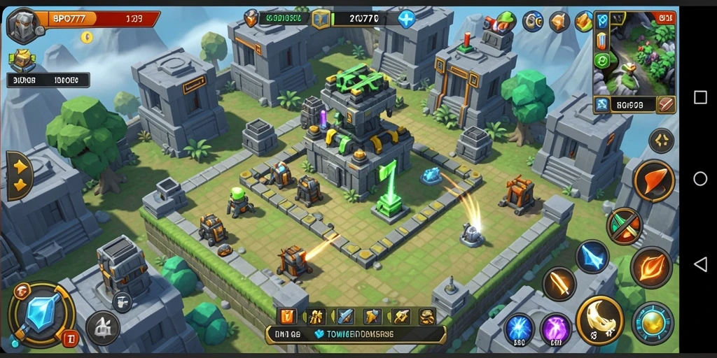 Screenshot gameplay BPO777 menunjukkan aksi seru Tower Defense.