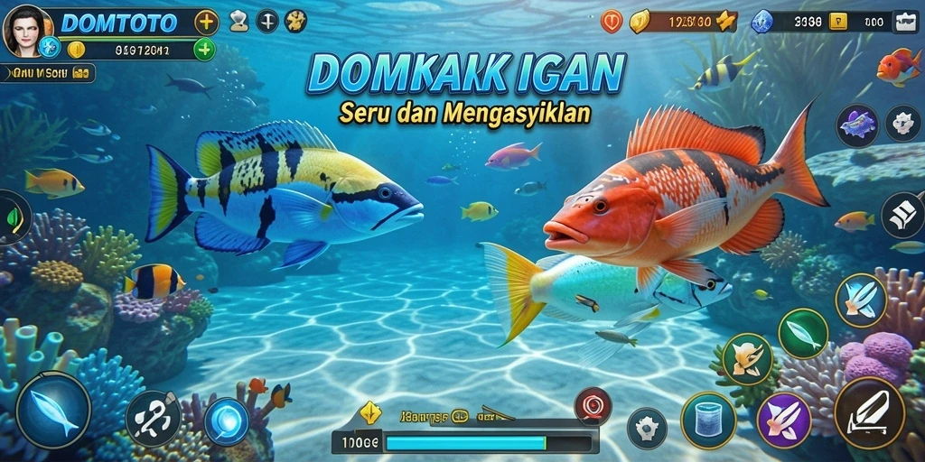 Screenshot gameplay DOMTOTO dengan berbagai ikan dan senjata.