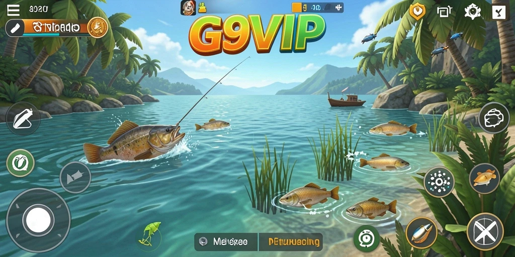 Screenshot G9VIP menampilkan pemain yang sedang asyik memancing di lokasi yang indah.
