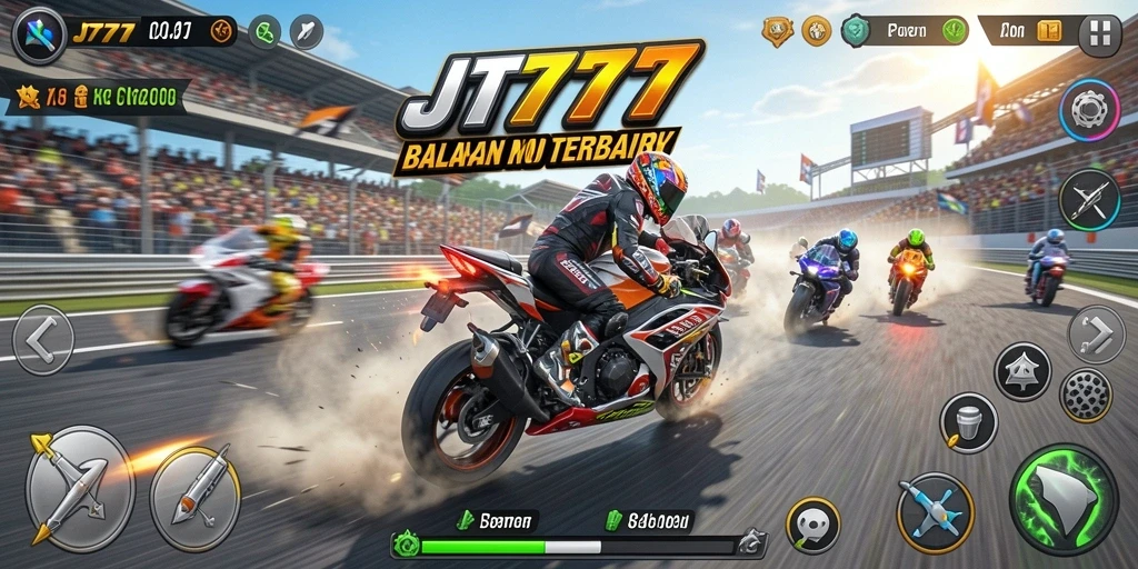 Screenshot JT777 menampilkan aksi balapan motor yang mendebarkan.