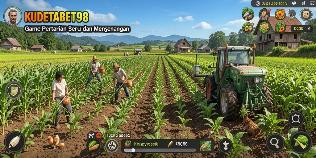 Tampilan gameplay KUDETABET98 yang menampilkan ladang subur dan tanaman siap panen.
