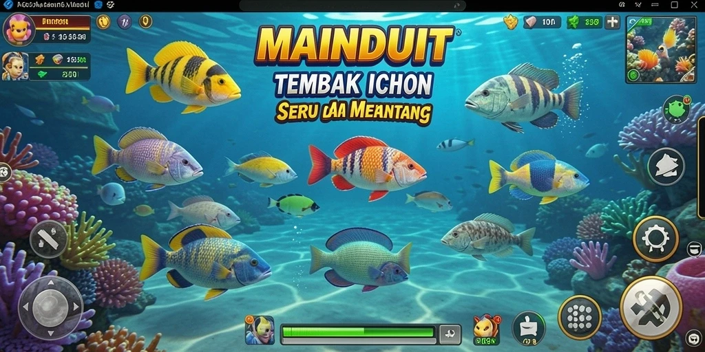 Tampilan gameplay MAINDUIT saat menangkap ikan dengan warna yang cerah.