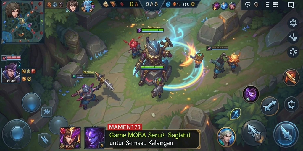 Screenshot gameplay MOBA dari MAMEN123 yang intens dan mendebarkan.