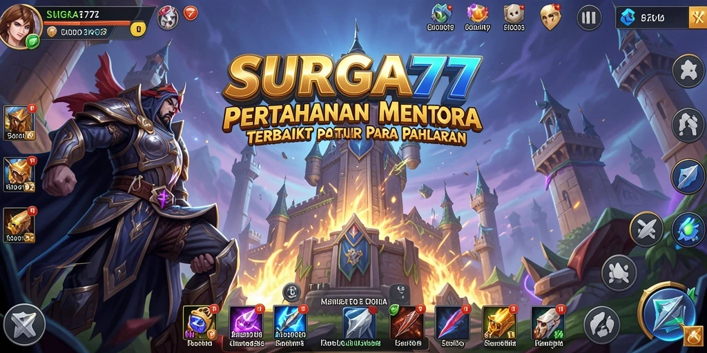 Tampilan gameplay SURGA77 dengan menara yang kokoh melawan serangan musuh.